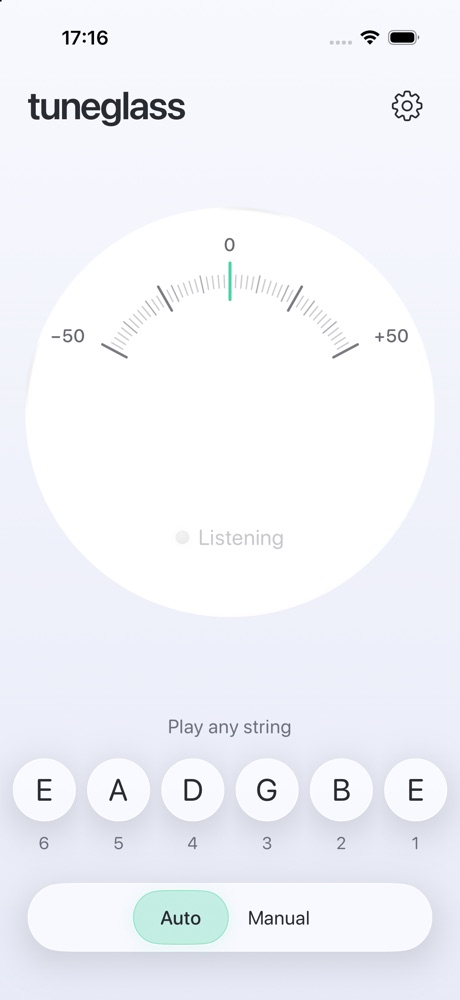 TuneGlass main screen with the dial and six string buttons